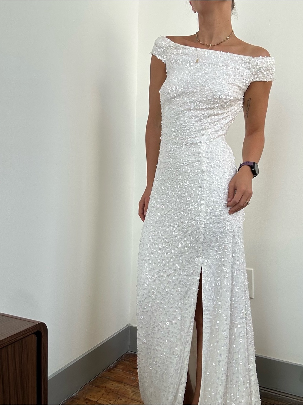 Sequin Off-Shoulder White Wedding Gown